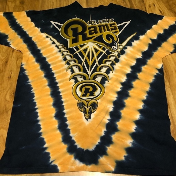 Vintage 90s Liquid Blue St Louis Rams Tie Dye Blue Gold V Stripes T-Shirt Large - Picture 8 of 8